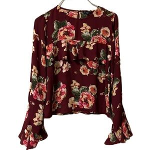 SHINESTAR, Ruffle, Floral Print, Round Neckline Top, Multi Colors, Size Small